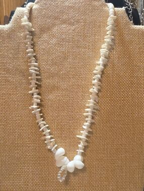 Elegant White Bead and Shell Necklace with Crystal Pendant - Women Jewelry